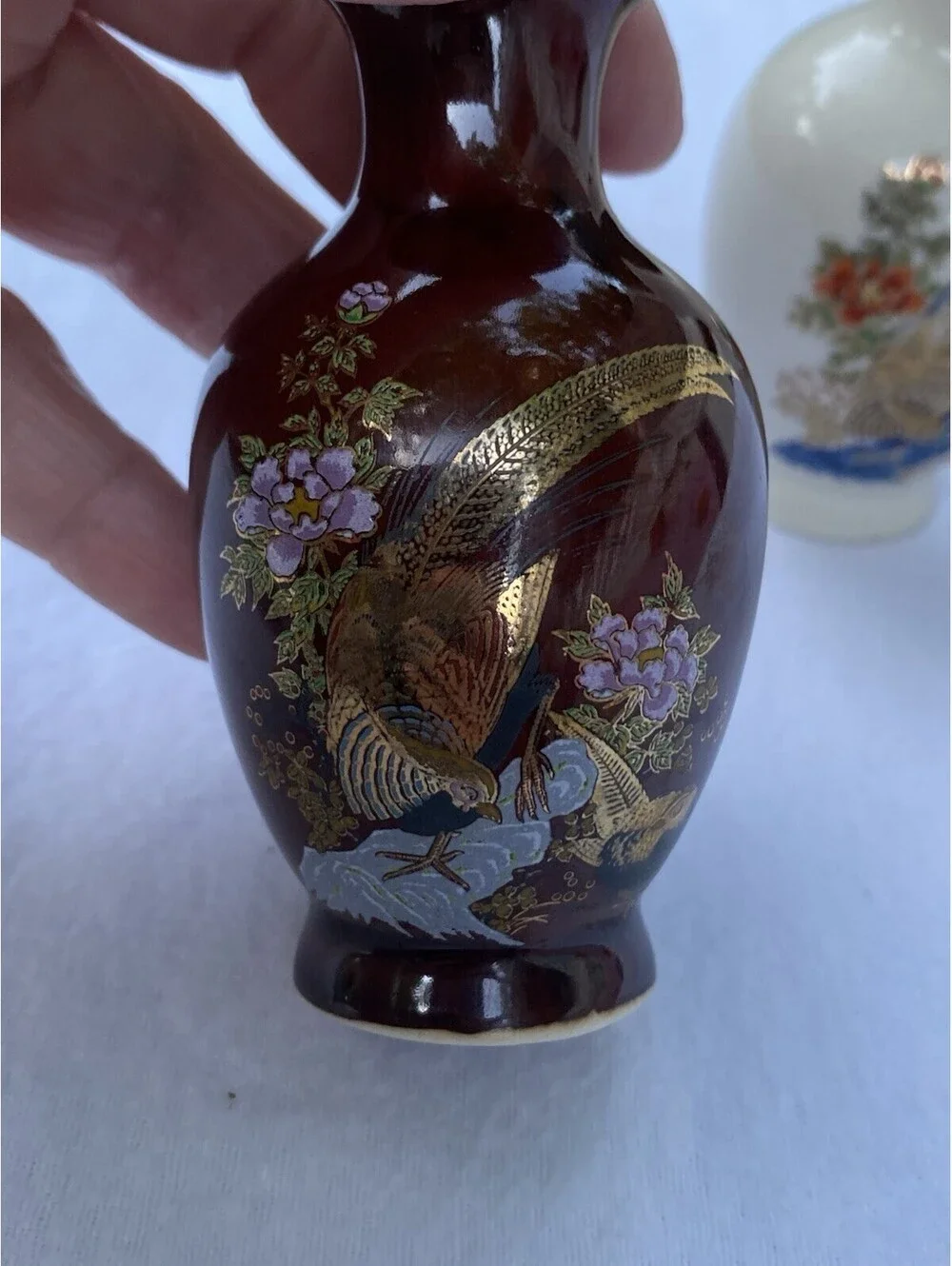 Two Vintage Miniature Bases Hand-painted Japanese Porcelain W/Peacocks & Flowers